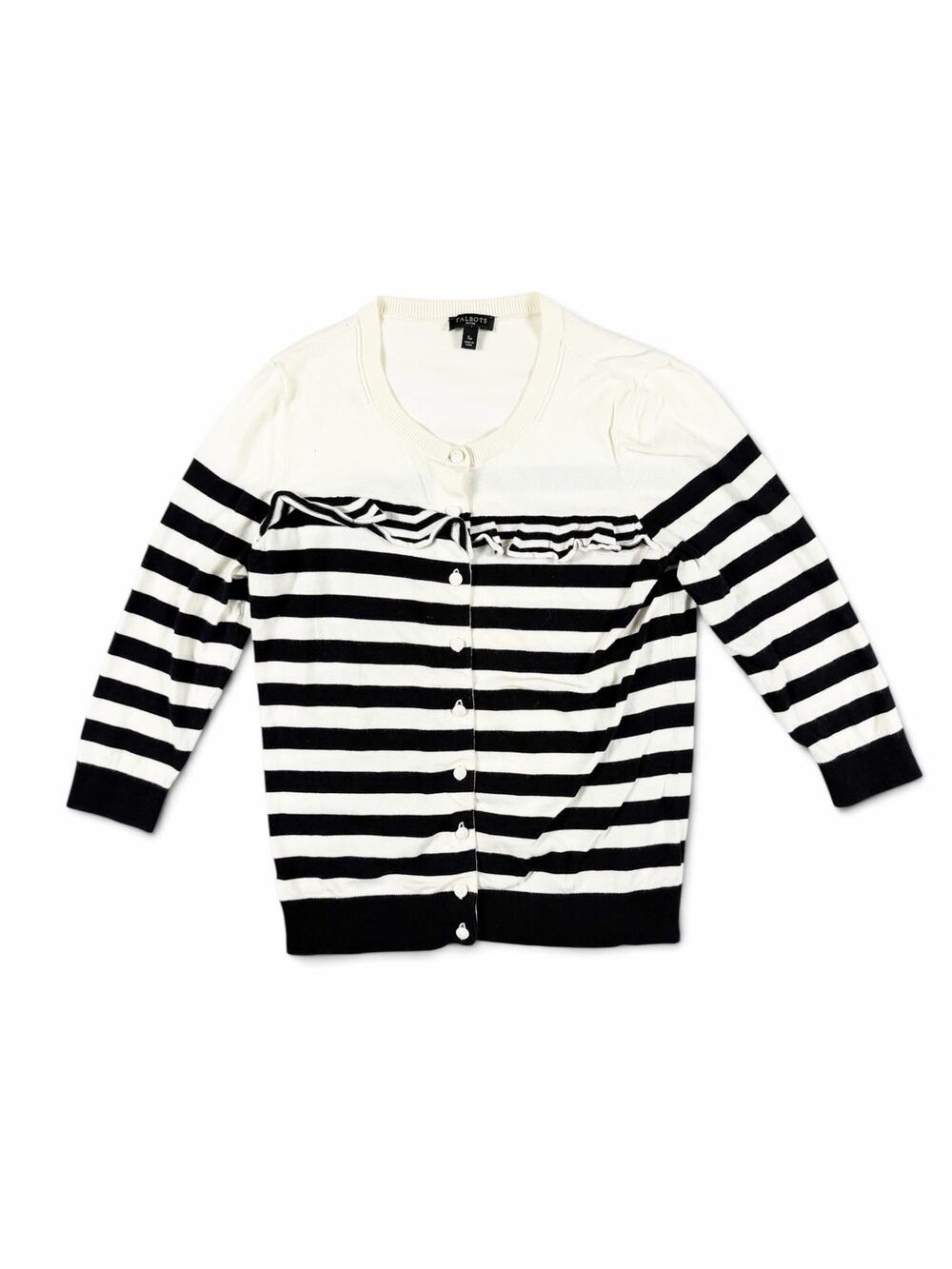 Talbots Women’s Petite Striped Ruffle Cardigan Black White Small Petite